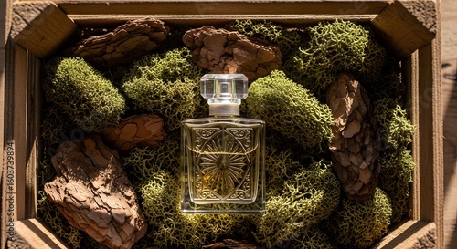 Wallpaper Mural Overhead shot of perfume bottle encased in moss and wood pieces inside a wooden crate illuminated by sunlight creating a natural elegant composition Torontodigital.ca