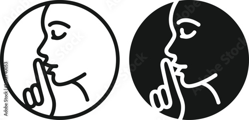 Two circular icons showing a woman s profile with a finger to her lips indicating silence