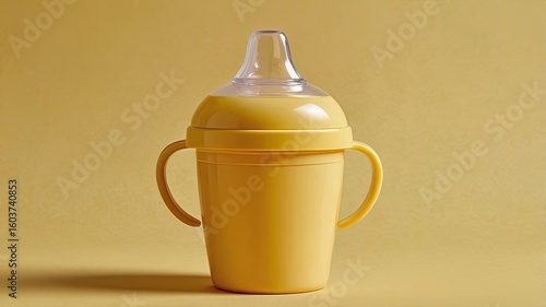 A close up of a yellow sippy cup with handles on a yellow background in a studio setting light