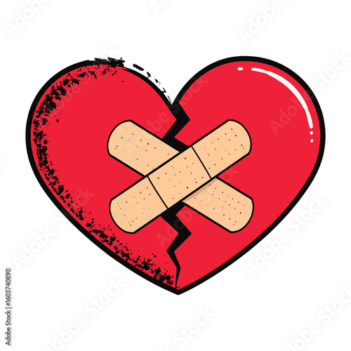 Red heart with plaster bandage, a symbol of broken love, pain, and first aid healthcare