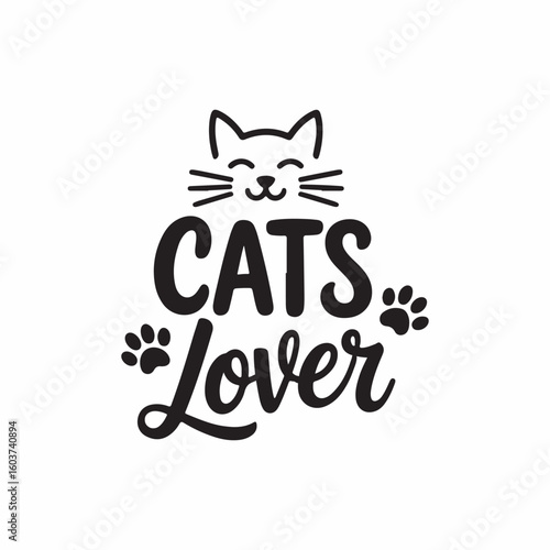Black and white cats lover text with paw prints vector