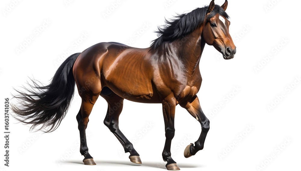 Fototapeta premium A brown horse in motion against a white background