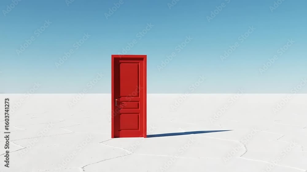 Red Door Standing Alone on White Salt Flat Landscape Red Door Standing Alone on White Salt Flat Landscape