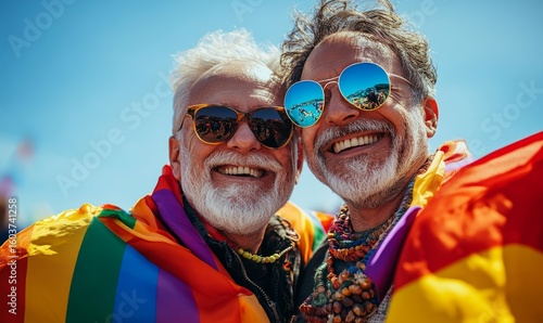 Happy senior gay male couple hugging during Pride Month celebration wearing rainbow flags. Elderly smiling homosexual men at an LGBT parade march. Blue sky and copy space for text, Generative AI