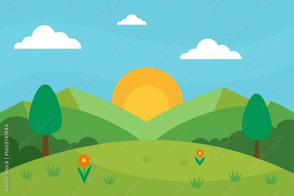 Fototapeta premium Meadow Peace and Morning Vector Illustration