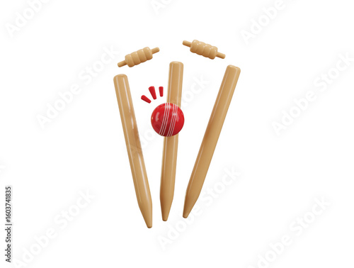 Cricket ball with stamp icon 3d render concept of red cricket ball knocking over wickets or stumps icon vector illustration