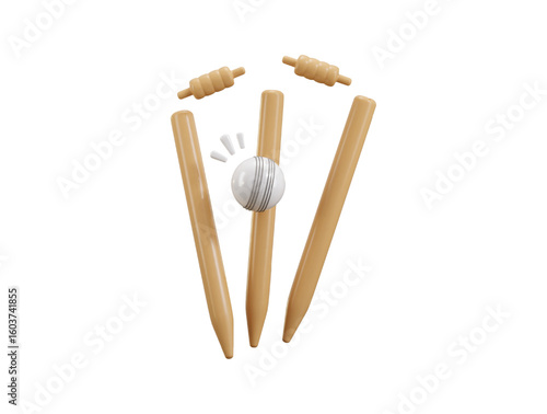 Cricket ball with stamp icon 3d render concept of white cricket ball knocking over wickets or stumps icon vector illustration