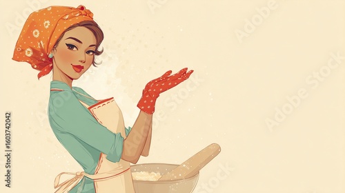 A smiling woman, wearing a teal shirt, white apron, orange headscarf, and red dotted gloves, presents a bowl of dough, with flour dusting the air, against a pale background