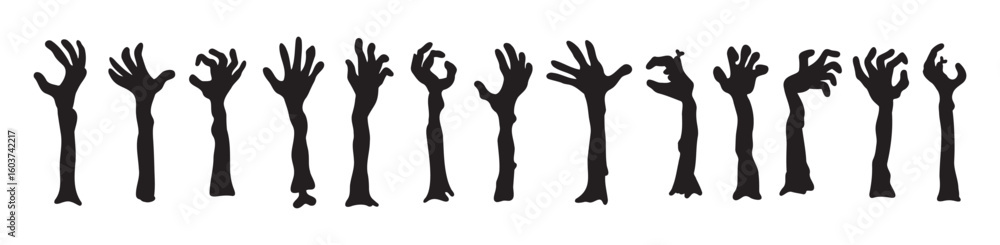 Zombie hands silhouettes. Halloween decor. Set doodle zombie hand Zombie hands silhouettes. Halloween decor. Set doodle zombie hand