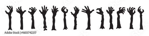 Zombie hands silhouettes. Halloween decor. Set doodle zombie hand