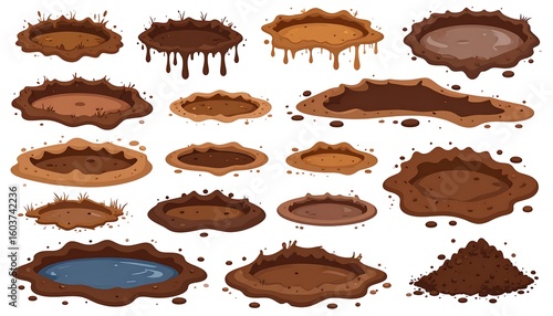 Cartoon Mud Puddles and Holes Isolated on White Background Vector Illustration