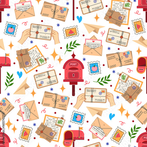 World Post Day, seamless vector pattern. Letters in envelopes, postcards, postage stamps, mailbox, flowers. Paper message, correspondence. Mail, stationery. Vintage background, cartoon ornament