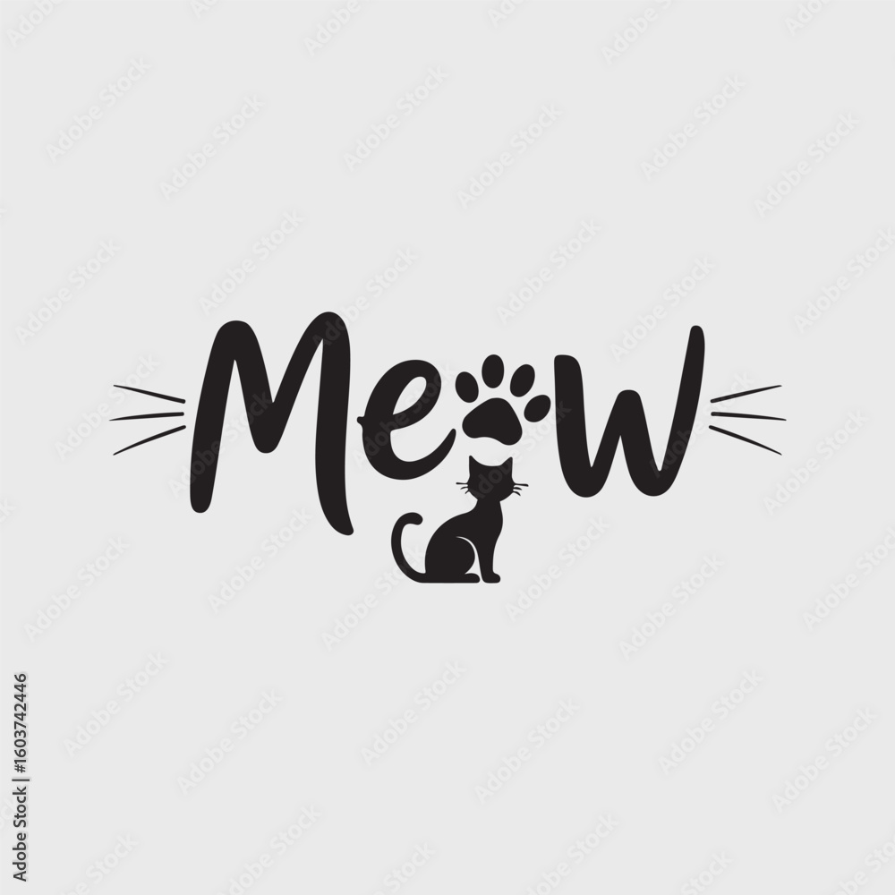 Black cat silhouette with meow text and paw print animal Black cat silhouette with meow text and paw print animal