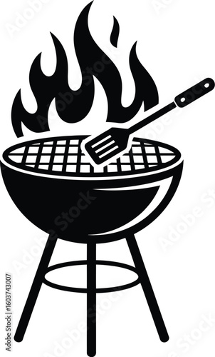 Black and White Illustration of a BBQ Grill with Flames and Spatula Perfect for Summer Cookouts Picnics and Outdoor Gatherings in a Minimalist Style