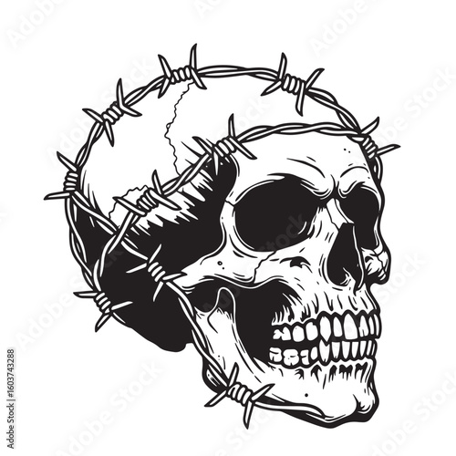 Human skull with barbed wire crown black and white illustration