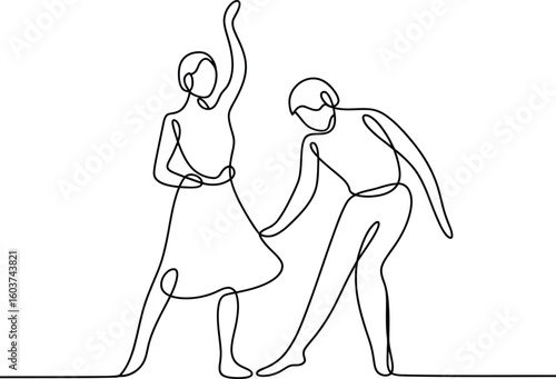 Elegant continuous line drawing of two dancers in motion