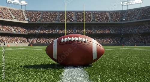 American football on the field. American football in the middle of the field with green grass background.
