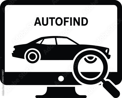 Computer screen displaying a car and magnifying glass with the word autofind