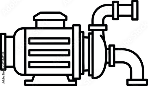 A detailed illustration of a centrifugal water pump with pipes on a plain white background view