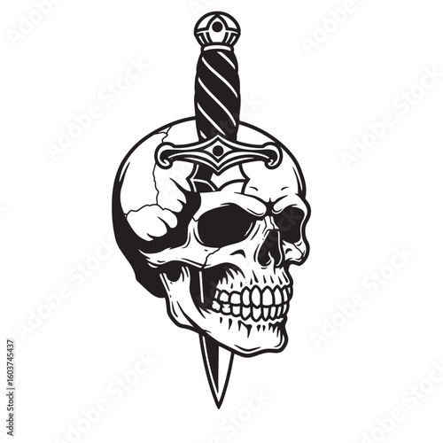 Skull pierced by ornate dagger piercing black and white
