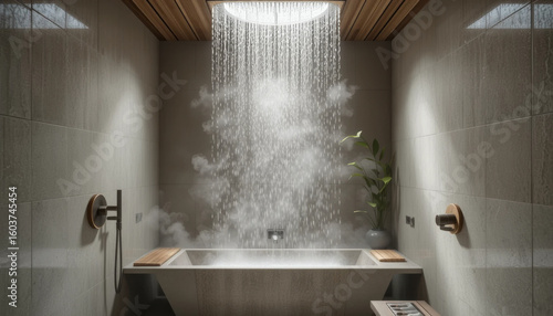 Luxurious bathroom with an overhead shower and soaking tub in a modern design with warm lighting