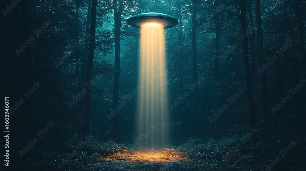 custom made wallpaper toronto digitalMysterious light beam emanating from an unidentified flying object in a dark forest.