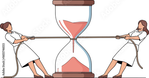 Two women in a tug of war with a large hourglass in the middle on a white background illustration