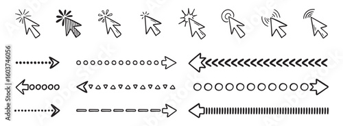 Doodle click icon and hand drawn arrows set. Doodle line mouse cursor.