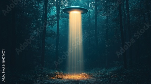 Mysterious light beam emanating from an unidentified flying object in a dark forest.