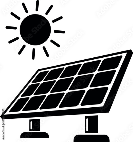 A black and white illustration of a solar panel with the sun shining above it on a white background