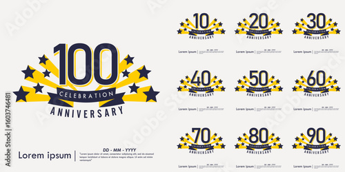 Set of 10-100th years anniversary celebration emblem. congratulations anniversary logo isolated with ribbon and starbursts on white background. vector illustration template design for web banner