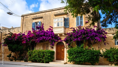 Charming Maltese architecture adorned with vibrant bougainvillea blossoms under a sunny sky