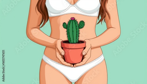 Woman posing in white lingerie, holding terracotta potted cactus near belly, creating unconventional contrast against soft green backdrop