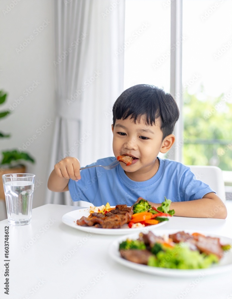 Little Boy Eating Lunch Indoors with Natural Light Little Boy Eating Lunch Indoors with Natural Light