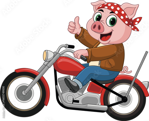 Cute cartoon pig riding red motorcycle giving thumbs up wearing red bandana biker jacket smiling animal character funny illustration vector