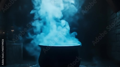 Mysterious cauldron emitting blue smoke in a dimly lit stone chamber