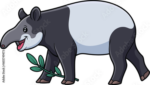Cute cartoon tapir animal walking with smile and holding green leaves perfect for kids book illustration or wildlife themed design