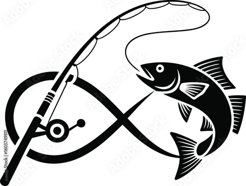 Stylized fishing rod and reel with a jumping fish and infinity symbol