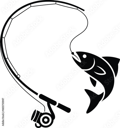 Black silhouette of a fish jumping out of the water while being caught on a fishing rod