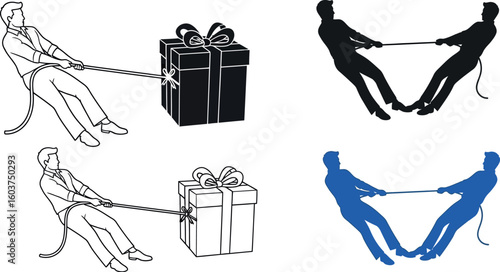 Illustration showing men pulling a gift box with rope in different styles and color variations