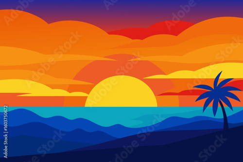 Stylized sunset scene with palm tree above the beach and sea using geometric shapes