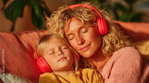 Mother and child enjoying music together with headphones.