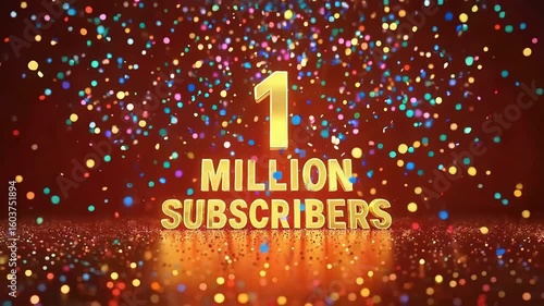  Golden 1 MILLION SUBSCRIBERS glowing with confetti rain, symbolizing major achievement — ideal for intros, creator events, and influencer reels.