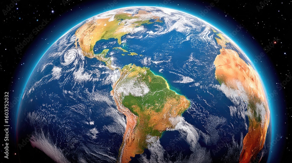 Fototapeta premium Vibrant view of Earth from space, showcasing land and oceans.