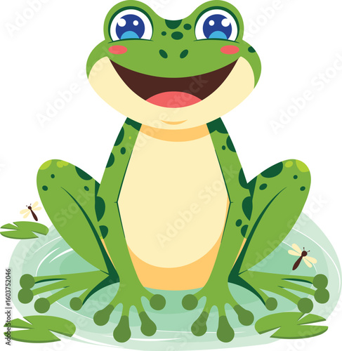 Smiling cartoon frog sitting on lily pad, cute green amphibian character, happy pond animal illustration, kids nature vector design