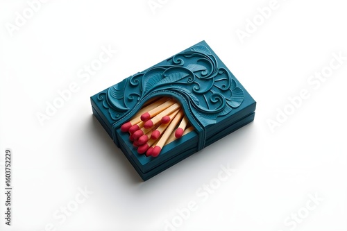 Decorative matchbox crafted from layered papier-mâché in rich teal color, featuring intricate sculpted textures and vibrant red match tips, placed on a white background.

