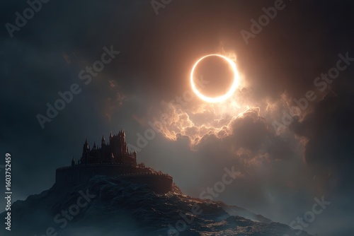 Dramatic eclipse over a majestic mountaintop castle