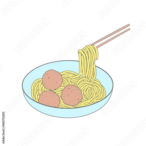 Simple illustration of chopsticks lifting yellow noodles from a blue bowl with three meatballs.