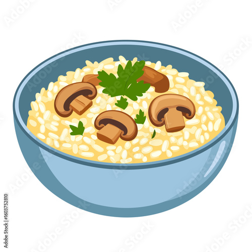 A delicious bowl of creamy mushroom risotto, garnished with fresh parsley, presented in a simple blue bowl illustration.