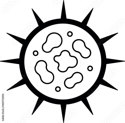 Illustration of a virus with red spots inside a white circle and black spikes around the circle